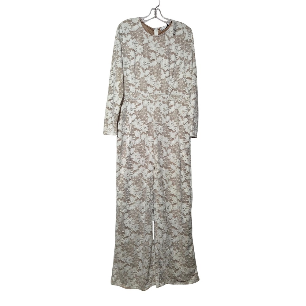 New York Company Lace Overlay Jumpsuit Wide Leg‎ Long Sleeve Beige Size L